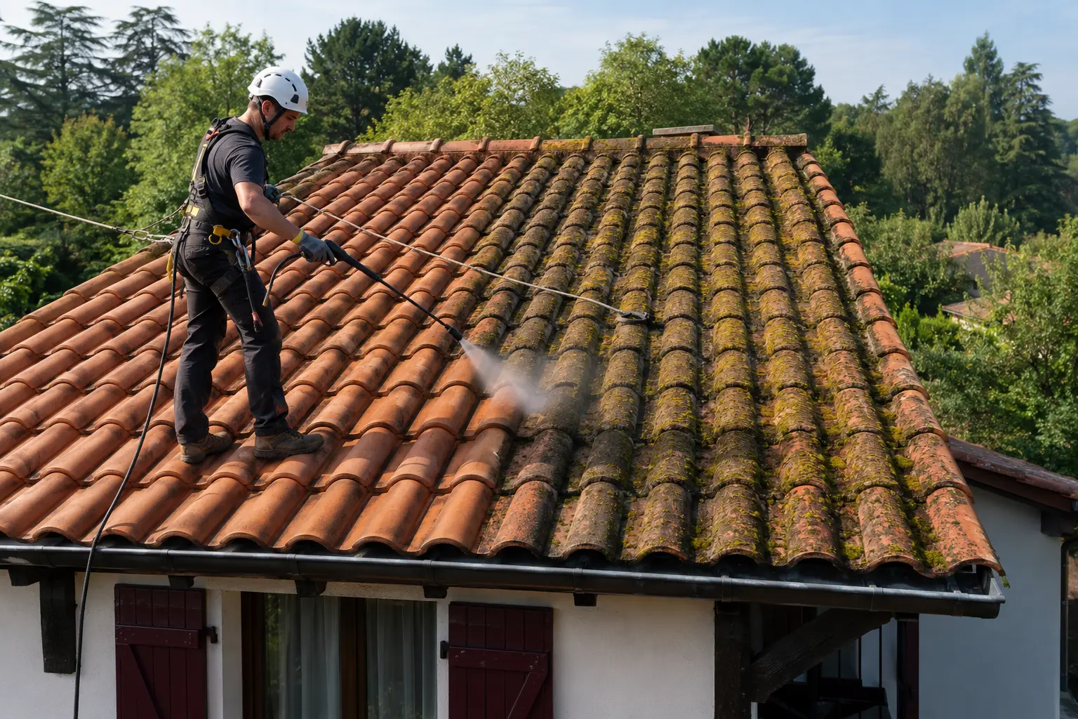 Nettoyage d’une toiture en tuiles