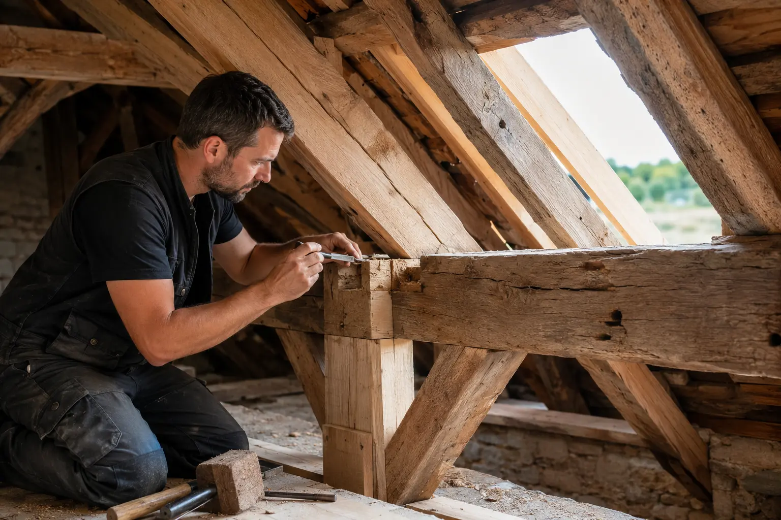 Artisan intervenant sur une charpente traditionnelle