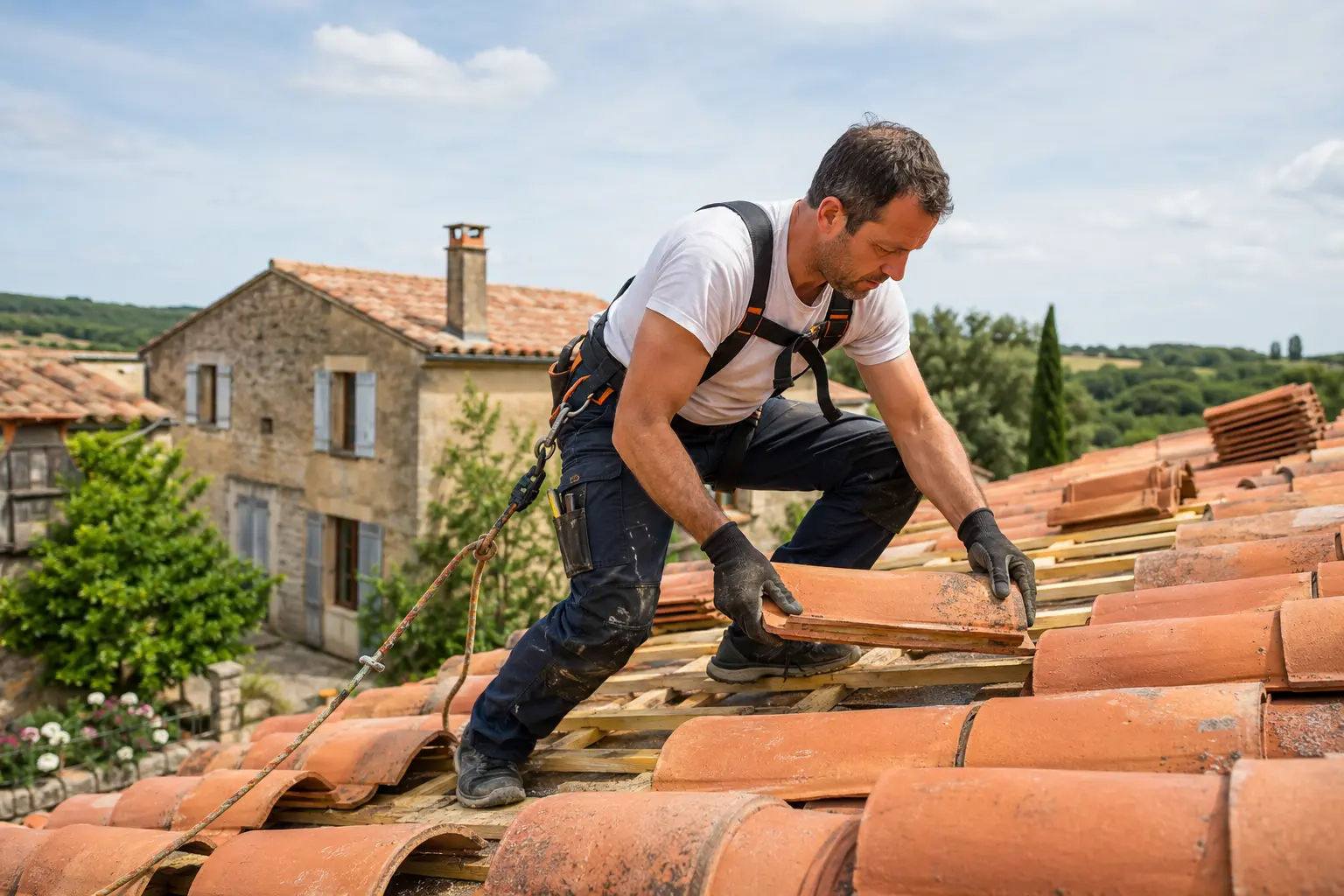 Artisan rénovant une toiture en tuiles
